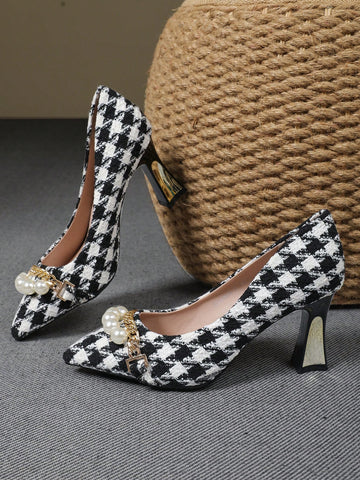 Pointed Toe Chunky Heel Black & White Patchwork Open Back Slip-On