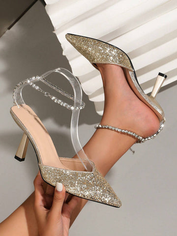 Pointed Toe Glitter Gold Color High Heel Shoes With Crystal Chain & Backless Design, Sexy & Fashion