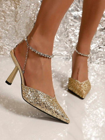 Pointed Toe Glitter Gold Color High Heel Shoes With Crystal Chain & Backless Design, Sexy & Fashion