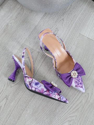 Pointed Toe Heeled Shoes With Colorful Bow Decor Closed Toe Sandals Women Single Band Ankle Strap Flats