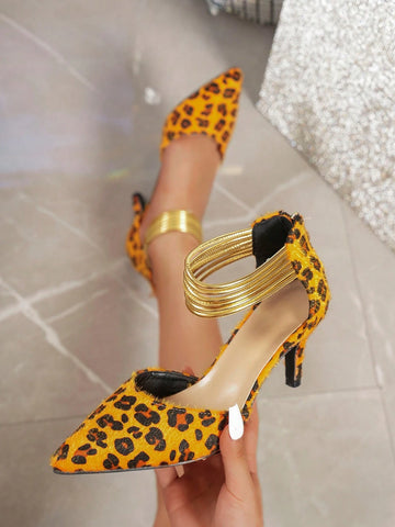 Pointed Toe High Heel Sexy Leopard Print Slip-On Gold Straps Hollow Out Women Shoe