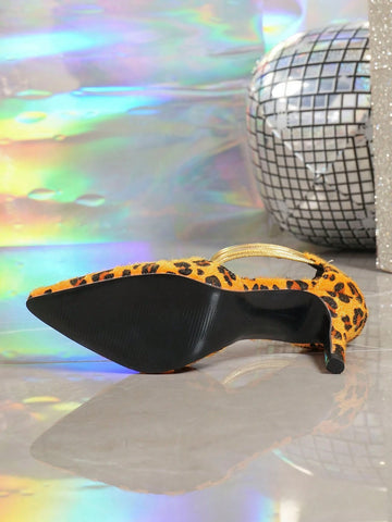 Pointed Toe High Heel Sexy Leopard Print Slip-On Gold Straps Hollow Out Women Shoe