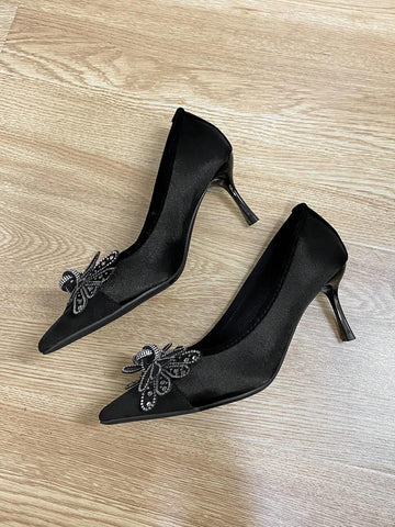 Pointed Toe Shallow Mouth Thin Heel Women's Shoes, Versatile Bowknot Rhinestone Slip-On Flats