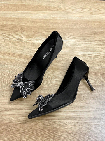 Pointed Toe Shallow Mouth Thin Heel Women's Shoes, Versatile Bowknot Rhinestone Slip-On Flats