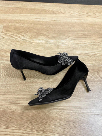 Pointed Toe Shallow Mouth Thin Heel Women's Shoes, Versatile Bowknot Rhinestone Slip-On Flats