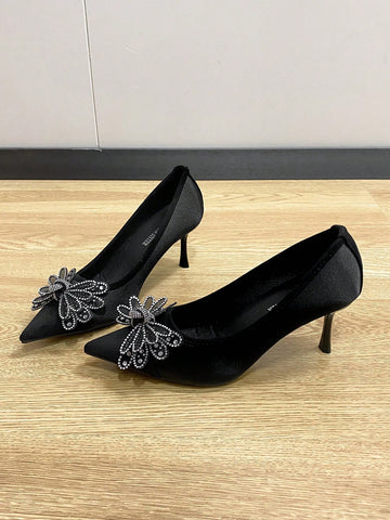 Pointed Toe Shallow Mouth Thin Heel Women's Shoes, Versatile Bowknot Rhinestone Slip-On Flats