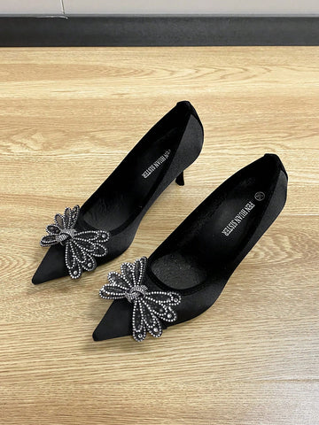 Pointed Toe Shallow Mouth Thin Heel Women's Shoes, Versatile Bowknot Rhinestone Slip-On Flats