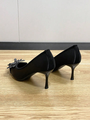 Pointed Toe Shallow Mouth Thin Heel Women's Shoes, Versatile Bowknot Rhinestone Slip-On Flats