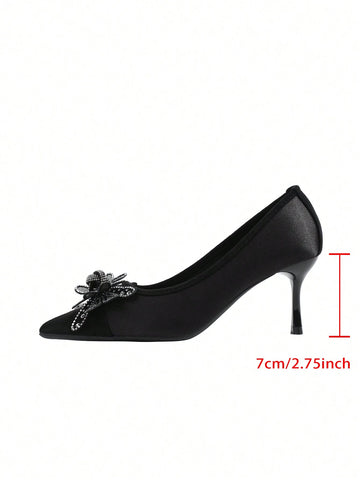 Pointed Toe Shallow Mouth Thin Heel Women's Shoes, Versatile Bowknot Rhinestone Slip-On Flats