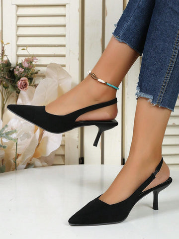 Pointed Toe Stiletto Heel Sandals For Women With Ankle Strap In Black