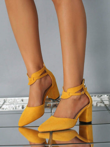 Pointed Toe Stylish Sexy Yellow Zip-Up Back Women's High Heel Pumps, Versatile Fashion