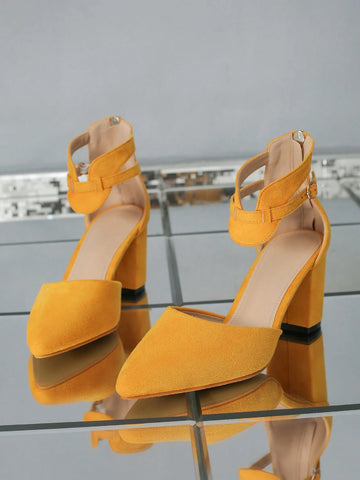 Pointed Toe Stylish Sexy Yellow Zip-Up Back Women's High Heel Pumps, Versatile Fashion