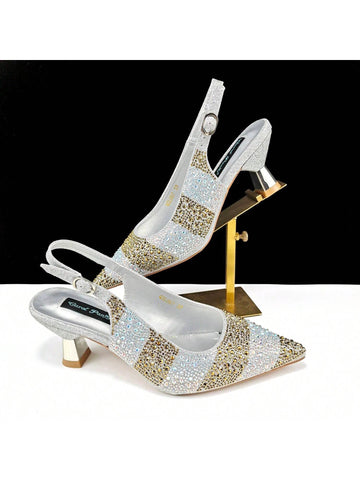 Pointed Toe Women High Heels, Striped Sparkly Rhinestones, Minimalist Fashion,