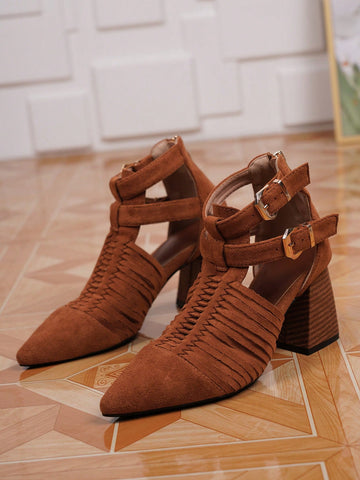 Pointed Toe Woven Hollow Out Roman Style High Heel Sandals For Women, Vintage European Design