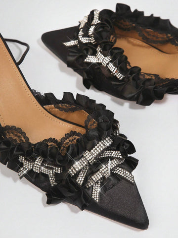 Pointy Toe Lace Bow Detail Pumps