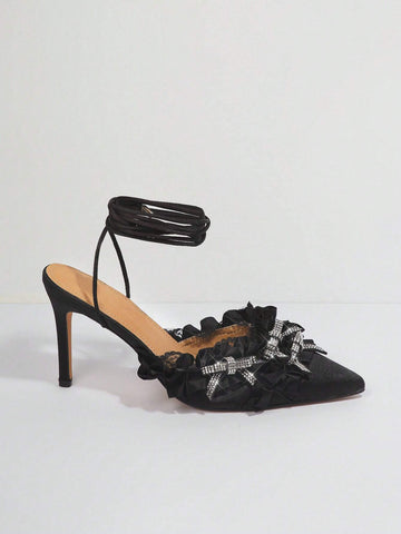 Pointy Toe Lace Bow Detail Pumps