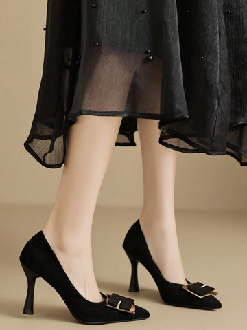Pointy Toe Square Buckle Slip-On Stiletto High Heel Pumps,