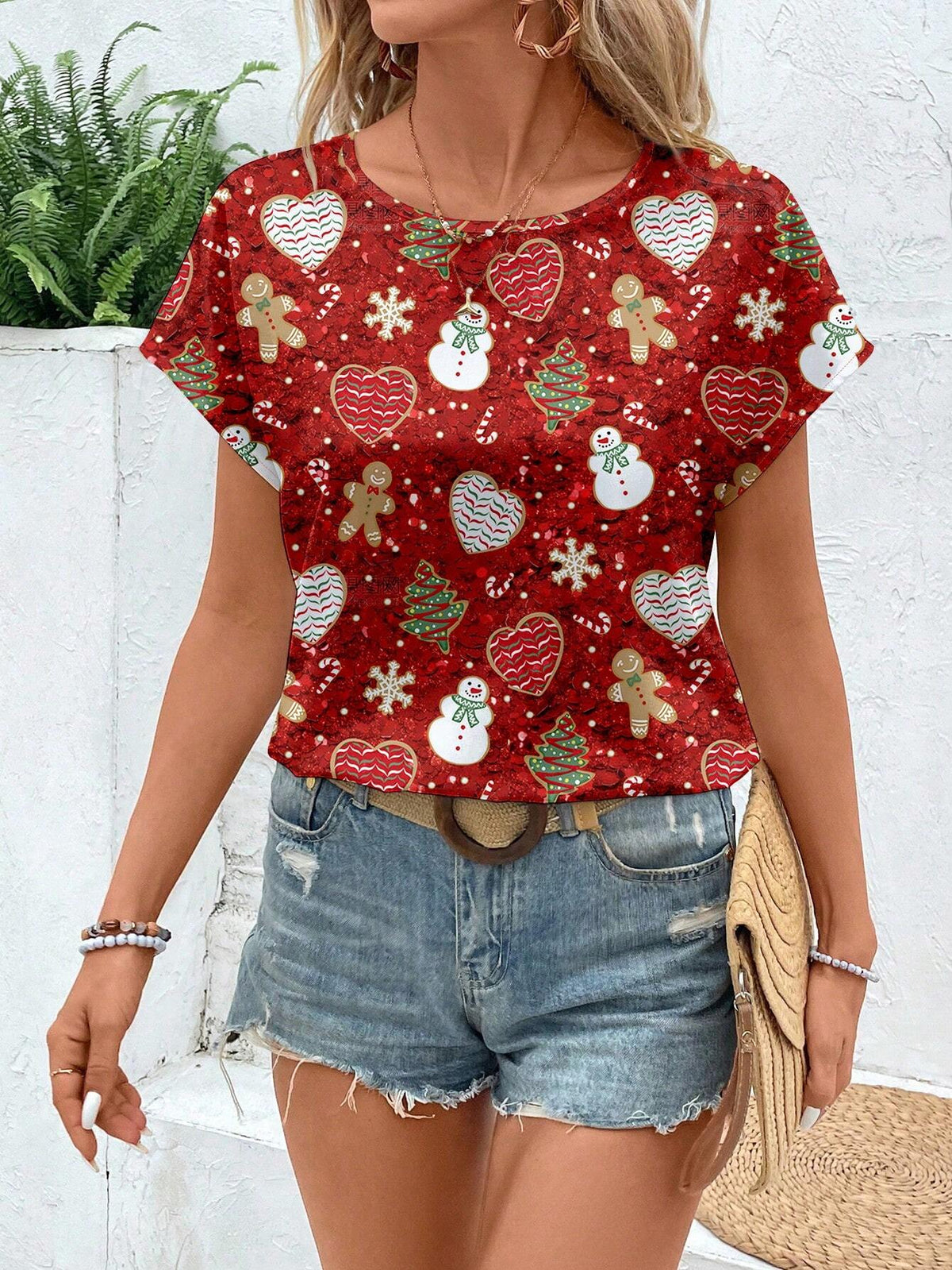 Christmas Snowman, Heart, Gingerbread Pattern,Women's Casual Red Round Neck Faux Sequin Print Short Sleeve Blouse