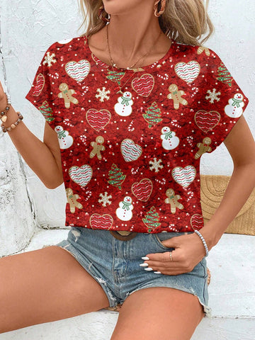 Christmas Snowman, Heart, Gingerbread Pattern,Women's Casual Red Round Neck Faux Sequin Print Short Sleeve Blouse