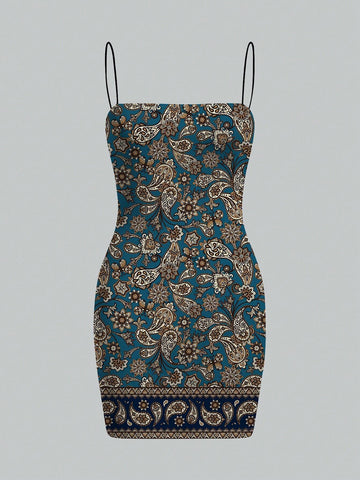 Polina Brazil Paisley Flower, Floral, Elegant, Resort Style Women Bodycon Cami Dress, Suitable For All Seasons