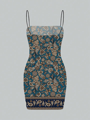 Polina Brazil Paisley Flower, Floral, Elegant, Resort Style Women Bodycon Cami Dress, Suitable For All Seasons