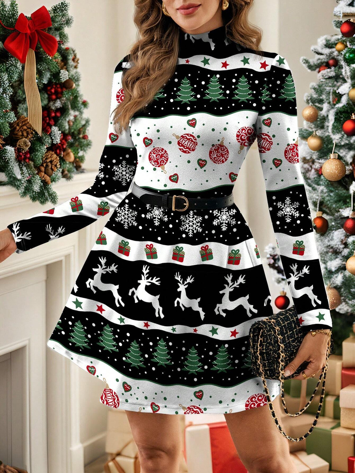 Polina Brazil Women's Casual Minimalist Christmas Tree Print Long Sleeve Dress, Suitable For Autumn/Winter & Christmas