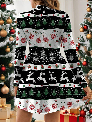 Polina Brazil Women's Casual Minimalist Christmas Tree Print Long Sleeve Dress, Suitable For Autumn/Winter & Christmas