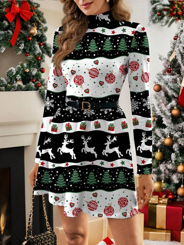 Polina Brazil Women's Casual Minimalist Christmas Tree Print Long Sleeve Dress, Suitable For Autumn/Winter & Christmas