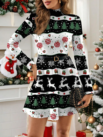 Polina Brazil Women's Casual Minimalist Christmas Tree Print Long Sleeve Dress, Suitable For Autumn/Winter & Christmas