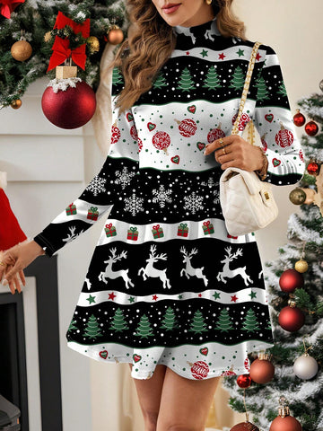 Polina Brazil Women's Casual Minimalist Christmas Tree Print Long Sleeve Dress, Suitable For Autumn/Winter & Christmas