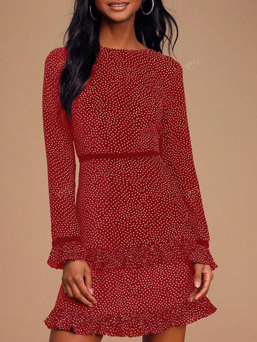 Polka Dot Print Flounce Sleeve Ruffle Hem Chiffon Dress