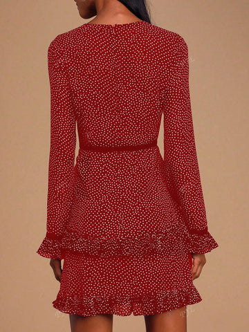 Polka Dot Print Flounce Sleeve Ruffle Hem Chiffon Dress
