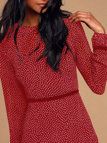 Polka Dot Print Flounce Sleeve Ruffle Hem Chiffon Dress