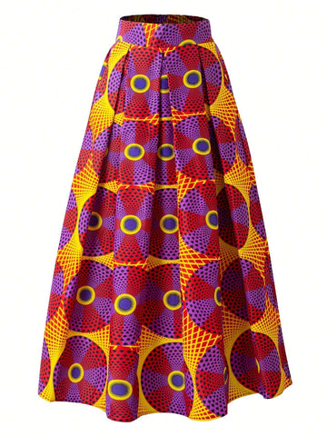 Polka Dot & Circle Print Box Pleated Skirt