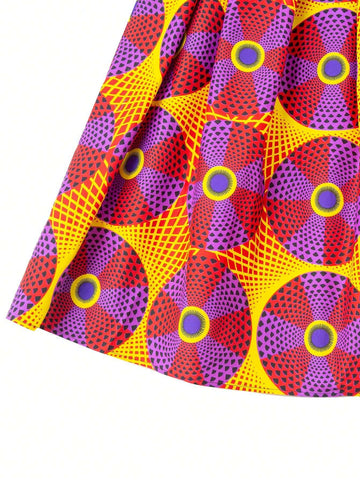 Polka Dot & Circle Print Box Pleated Skirt