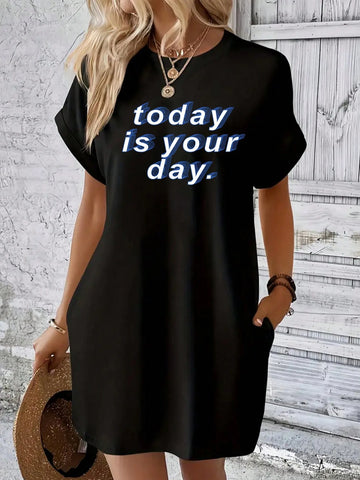 [ Popular Choice ] Simple English Letter Printed Round Neck Short-Sleeved Dress, Black Casual Short-Sleeved Summer Daily Dress, Women's Dress, Soft And Comfortable, Machine Washable