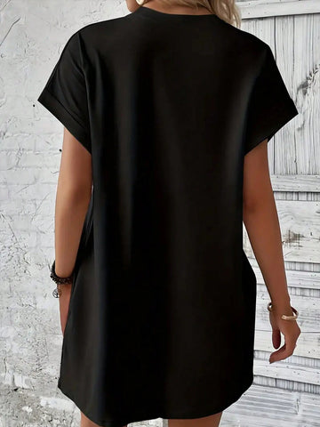 [ Popular Choice ] Simple English Letter Printed Round Neck Short-Sleeved Dress, Black Casual Short-Sleeved Summer Daily Dress, Women's Dress, Soft And Comfortable, Machine Washable