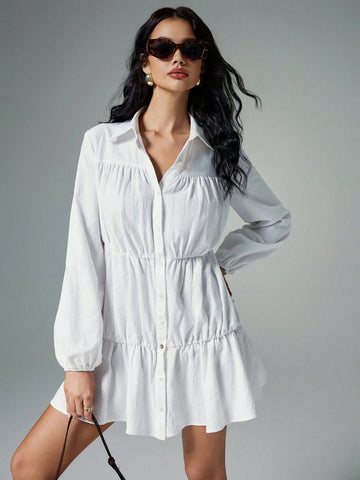 Poéselle 100% Cotton Women Summer Solid Color Lantern Sleeve Single-Breasted Ruffle Hem Casual Mini Dress