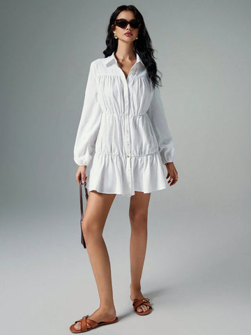 Poéselle 100% Cotton Women Summer Solid Color Lantern Sleeve Single-Breasted Ruffle Hem Casual Mini Dress