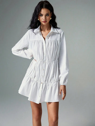 Poéselle 100% Cotton Women Summer Solid Color Lantern Sleeve Single-Breasted Ruffle Hem Casual Mini Dress