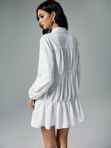 Poéselle 100% Cotton Women Summer Solid Color Lantern Sleeve Single-Breasted Ruffle Hem Casual Mini Dress