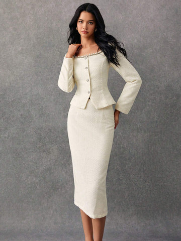 Poéselle 2pcs Women Elegant Beaded & Rhinestone Decor Front Button Blouse And,Two Piece Fall Outfits,Elegant Women Set,Tweed Two Piece Fall Sets,Jacquard Weave Button Up Women Shirt Women Skirt Set,Winter Women Sets,2024AW Winter