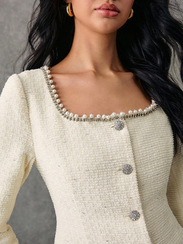 Poéselle 2pcs Women Elegant Beaded & Rhinestone Decor Front Button Blouse And,Two Piece Fall Outfits,Elegant Women Set,Tweed Two Piece Fall Sets,Jacquard Weave Button Up Women Shirt Women Skirt Set,Winter Women Sets,2024AW Winter