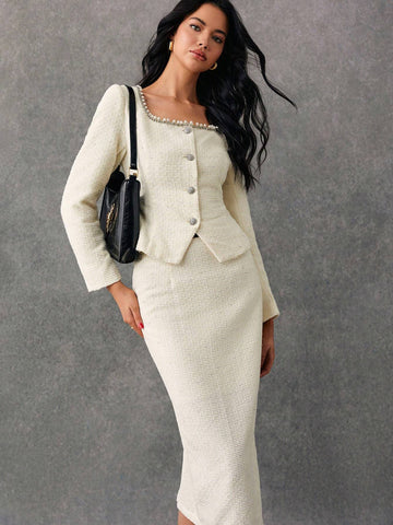 Poéselle 2pcs Women Elegant Beaded & Rhinestone Decor Front Button Blouse And,Two Piece Fall Outfits,Elegant Women Set,Tweed Two Piece Fall Sets,Jacquard Weave Button Up Women Shirt Women Skirt Set,Winter Women Sets,2024AW Winter