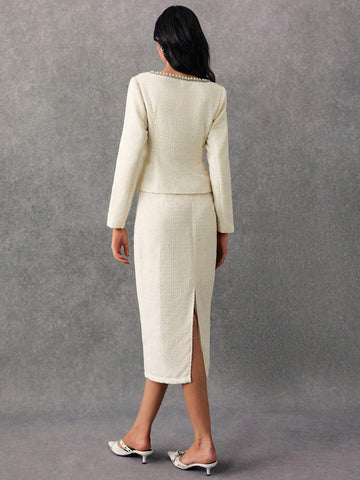 Poéselle 2pcs Women Elegant Beaded & Rhinestone Decor Front Button Blouse And,Two Piece Fall Outfits,Elegant Women Set,Tweed Two Piece Fall Sets,Jacquard Weave Button Up Women Shirt Women Skirt Set,Winter Women Sets,2024AW Winter