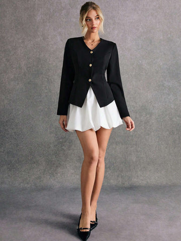 Poéselle 2pcs Women Set, Black Blazer Jacket And White Fluffy Skirt, Elegant Outfit, Autumn/Winter Suit, Cute Look Two Piece Skirt Set Women Two Piece Sets Skirt Set Outfit Sets Fall Sets Suit 2024 AW, Winter Clothes