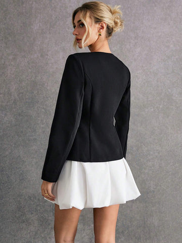 Poéselle 2pcs Women Set, Black Blazer Jacket And White Fluffy Skirt, Elegant Outfit, Autumn/Winter Suit, Cute Look Two Piece Skirt Set Women Two Piece Sets Skirt Set Outfit Sets Fall Sets Suit 2024 AW, Winter Clothes