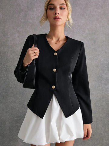 Poéselle 2pcs Women Set, Black Blazer Jacket And White Fluffy Skirt, Elegant Outfit, Autumn/Winter Suit, Cute Look Two Piece Skirt Set Women Two Piece Sets Skirt Set Outfit Sets Fall Sets Suit 2024 AW, Winter Clothes