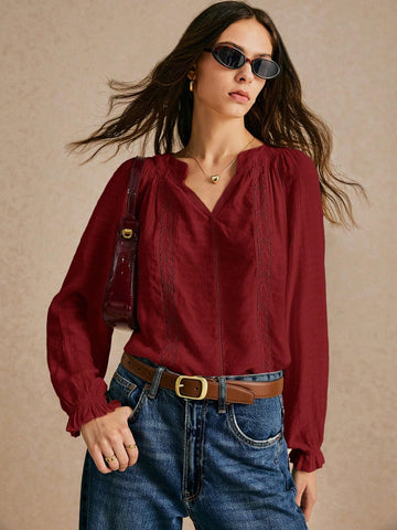 New Long-Sleeved Notched Neck Blouse, Embroidered Lace Stitching, Office Wear, Women's Casual