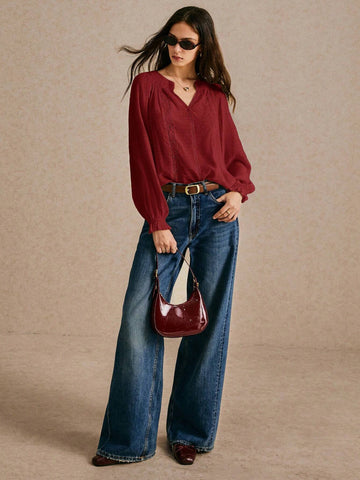 New Long-Sleeved Notched Neck Blouse, Embroidered Lace Stitching, Office Wear, Women's Casual